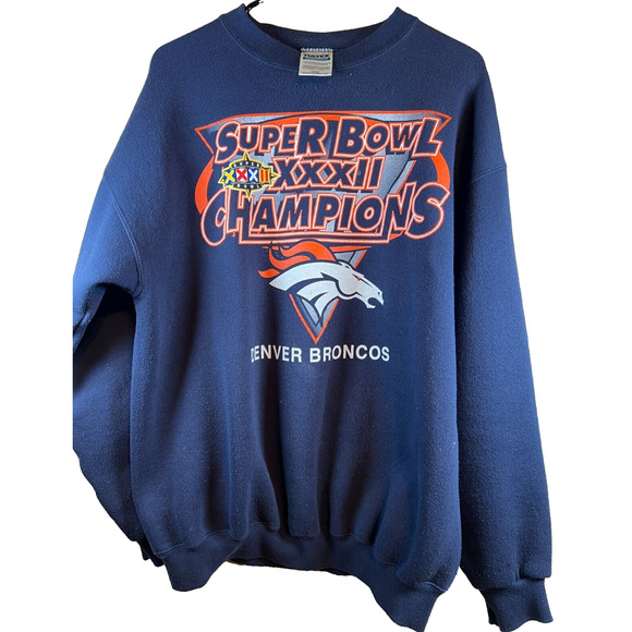 Vintage Denver Broncos Superbowl Champions XXXII Sweatshirt Blue Mens Size L - Picture 1 of 6